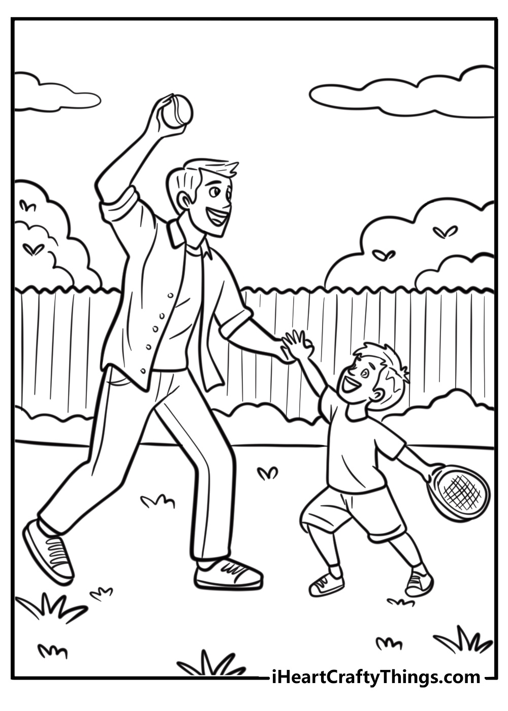 Father and son playing catch in the backyard coloring sheet