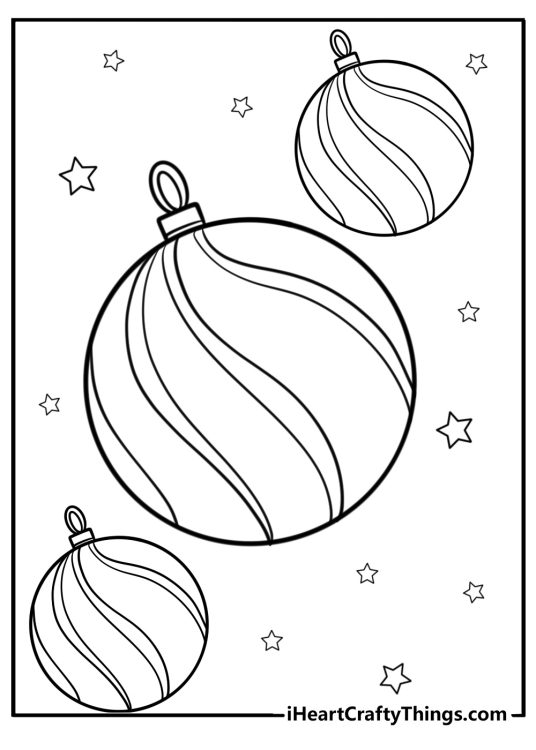Free printable pdf to color featuring three Christmas ornaments surrounded by stars