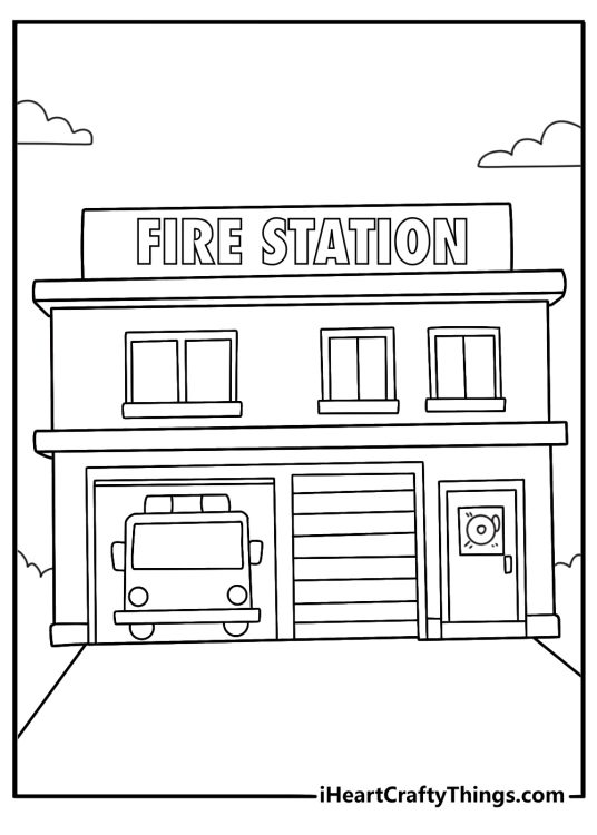 fire station coloring page printable front view with open bay doors and emergency siren ready to go