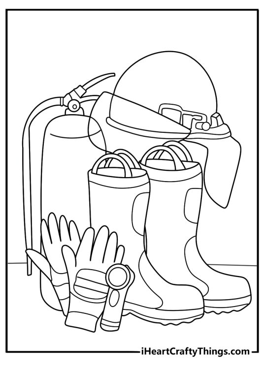firefighter gear coloring page for adults detailed helmet boots turnout coat gloves and air tank printable