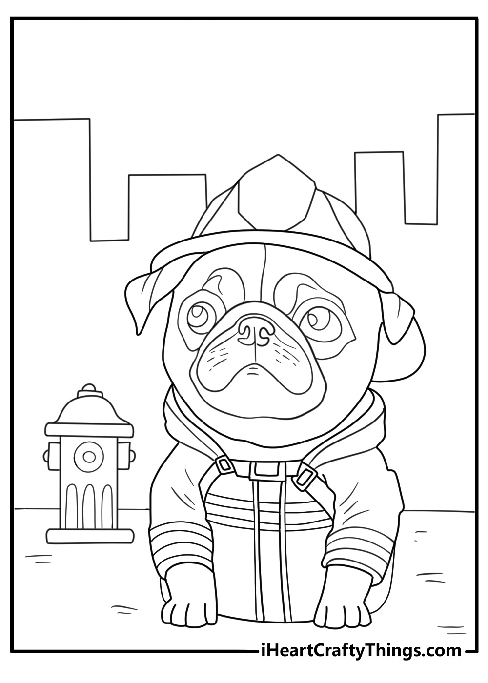 firefighter pug coloring page pug beside fire hydrant wearing small helmet printable