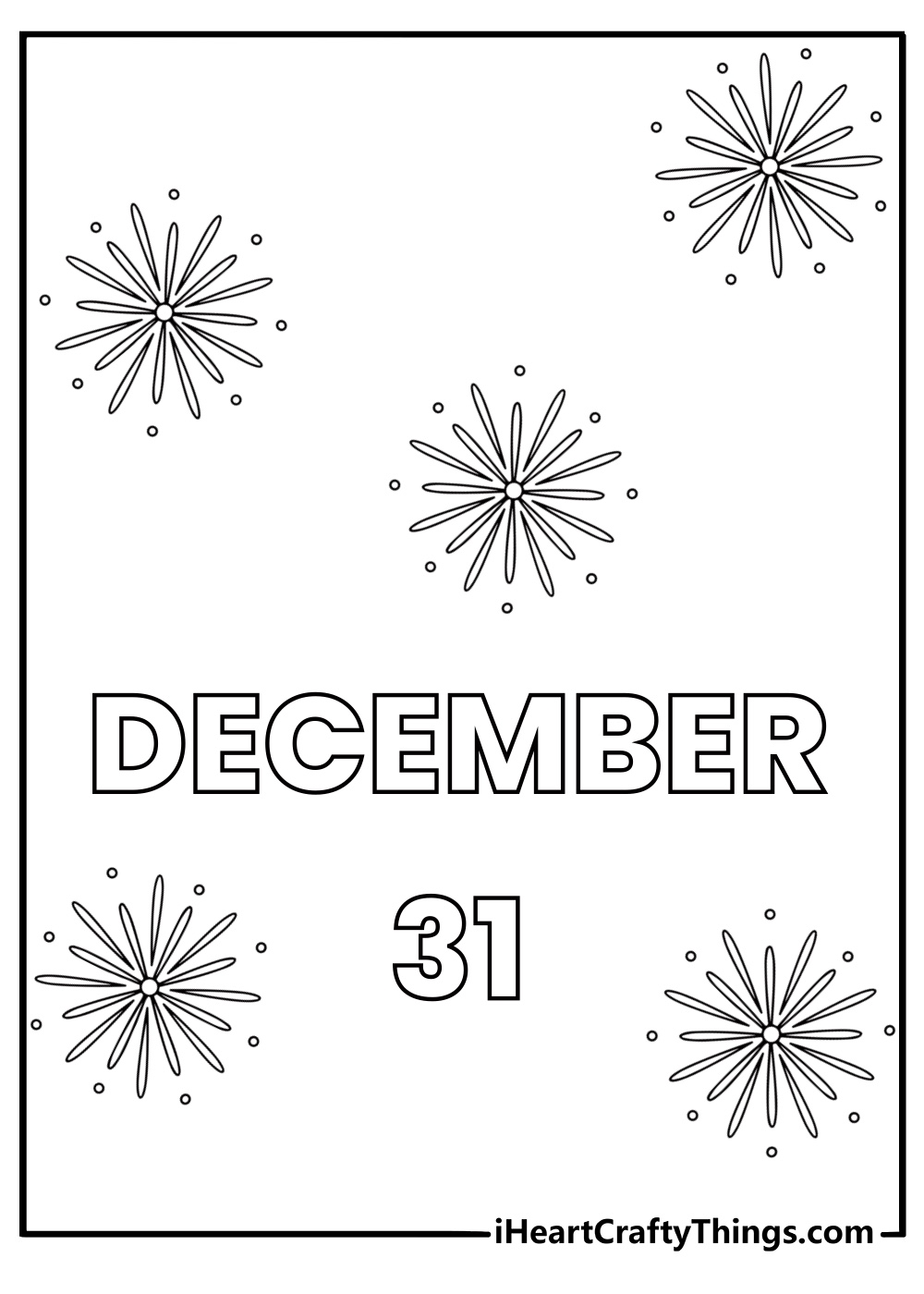 fireworks light up the sky above december 31 in this celebration coloring sheet