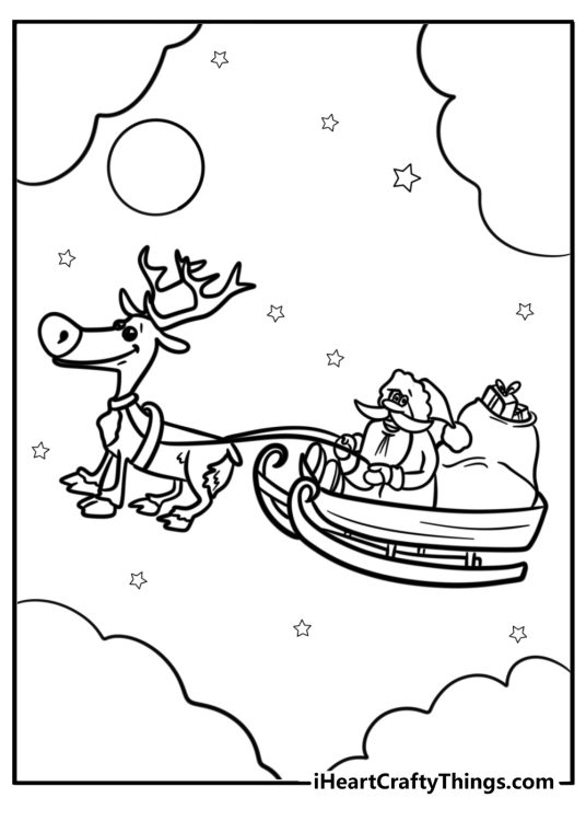 Flying reindeer leading santa
