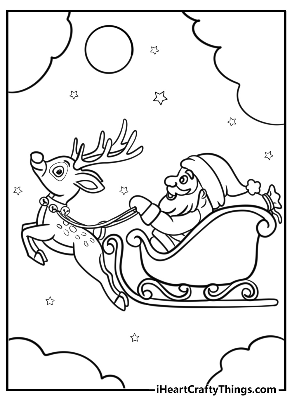 Flying reindeer with santa in the sleigh fun coloring sheet