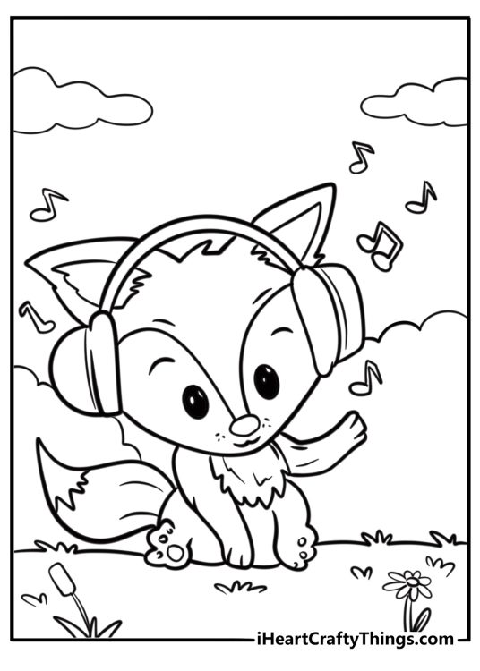 Fox in the forest wearing headphones and listening to the music with left paw up free pdf printable