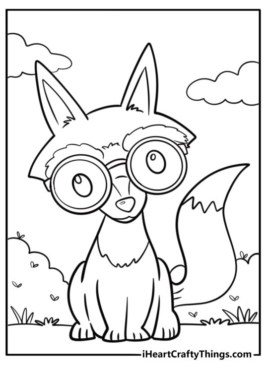 Fox sat on the forest path wearing sunglasses looking straight ahead free printable coloring page