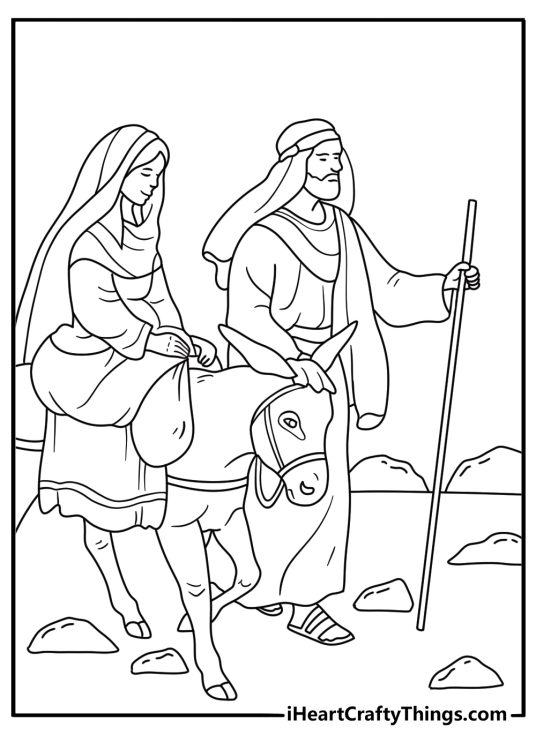 free christmas printable featuring joseph leading a donkey toward bethlehem