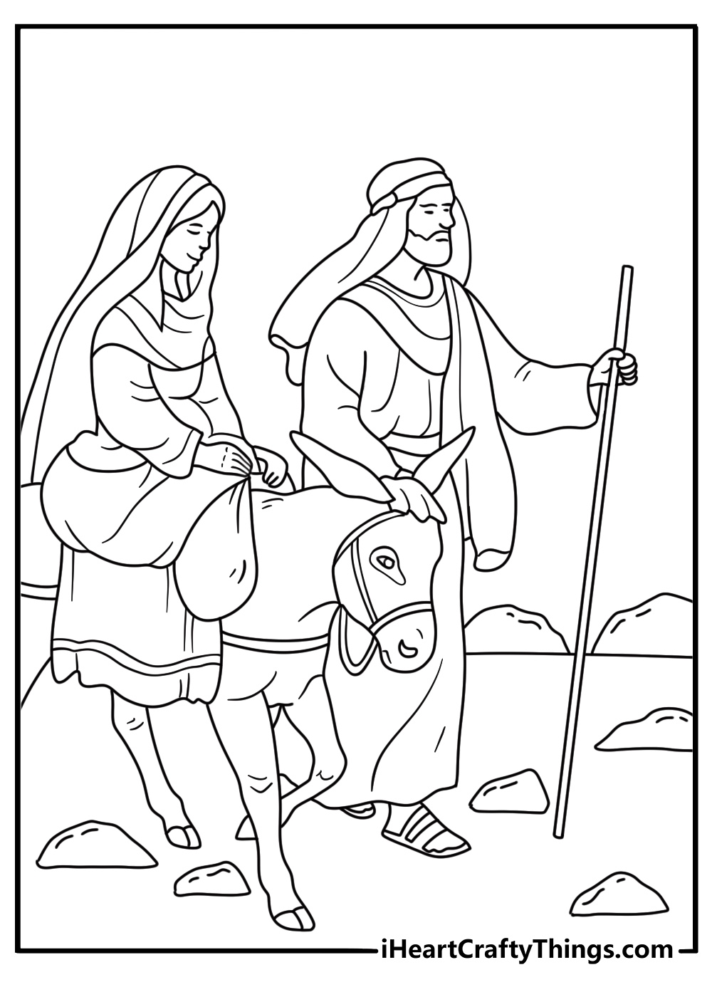 free christmas printable featuring joseph leading a donkey toward bethlehem