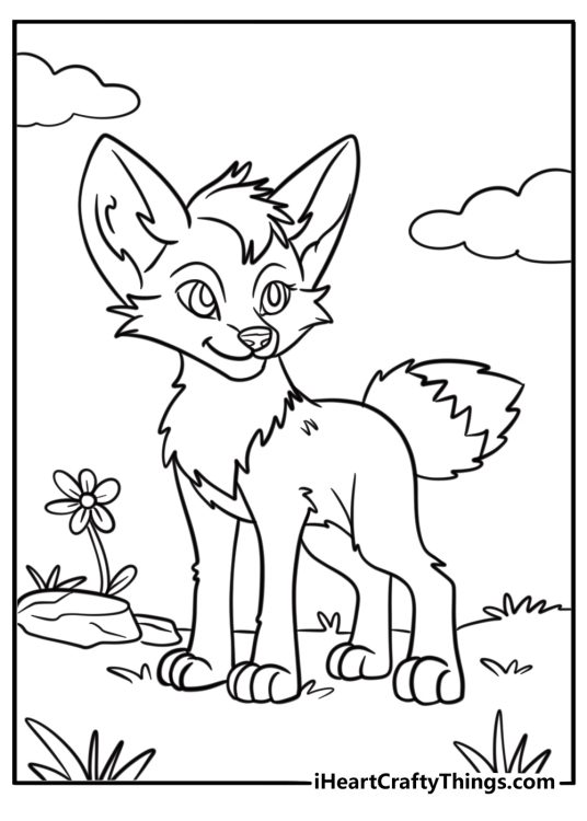 Free coloring page for kids featuring middle size standing fox with eyes looking to the right