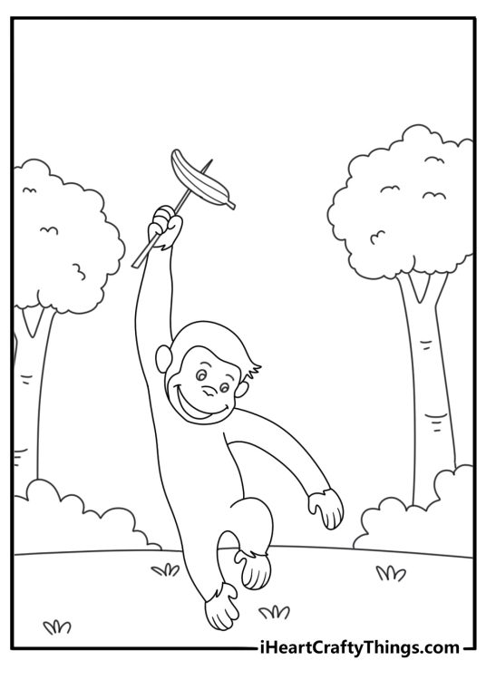 free coloring picture of a curious george holding banana on a stick surrounded by bushes and greenery