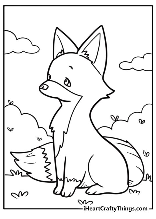 Free coloring printable for kids featuring elegant sitting fox in the forest turned to the left side