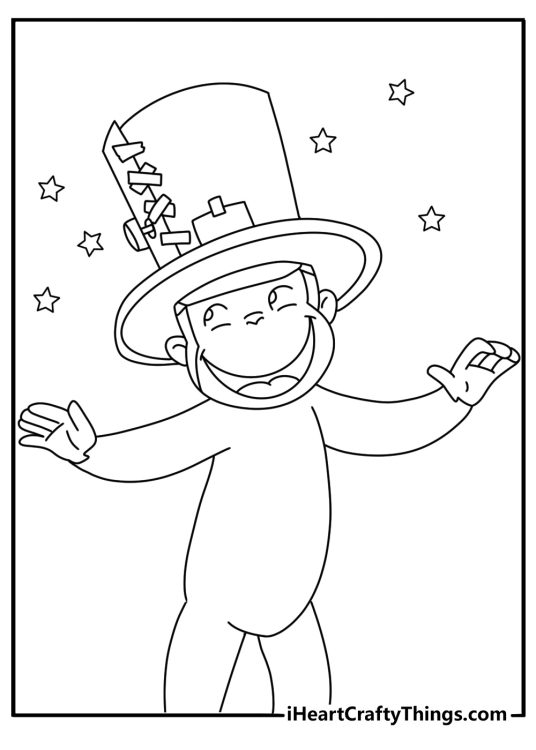 free coloring printable for kids of a curious george looking very happy wearing famous tall hat