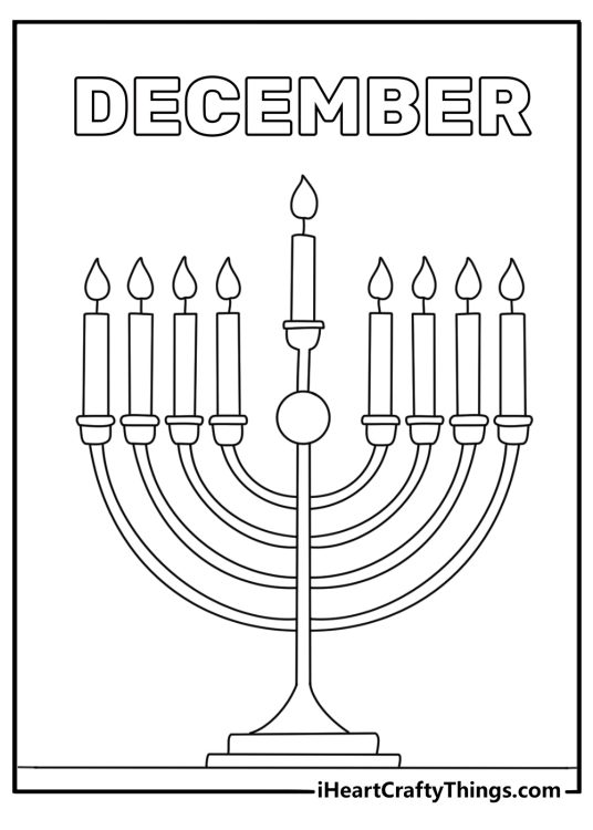 free december printable showing a hanukkah menorah with lit candles