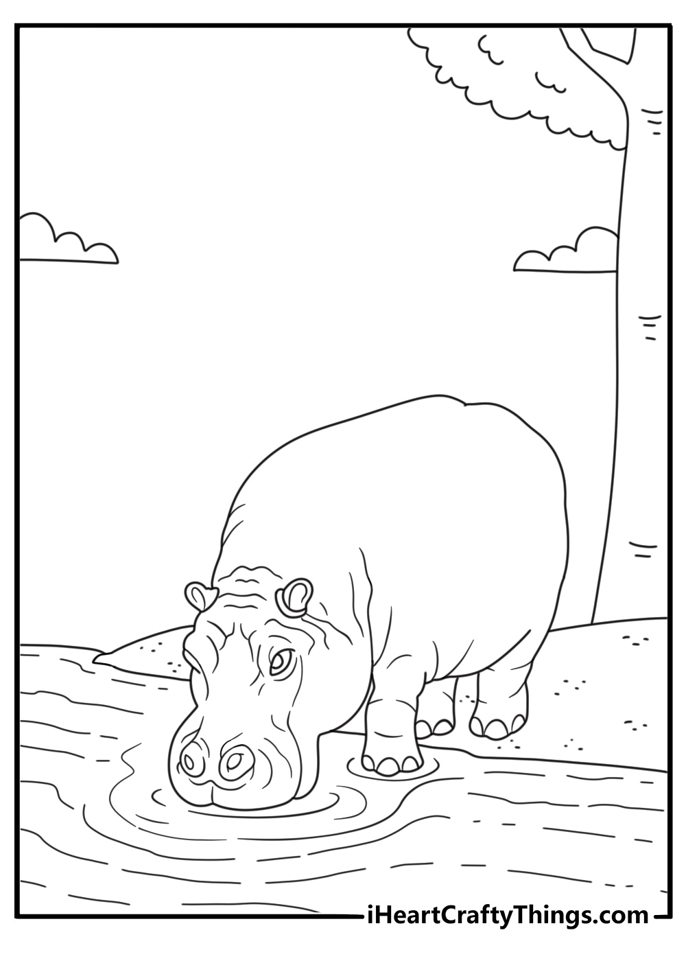 free hippo printable featuring a hippopotamus drinking from a watering hole