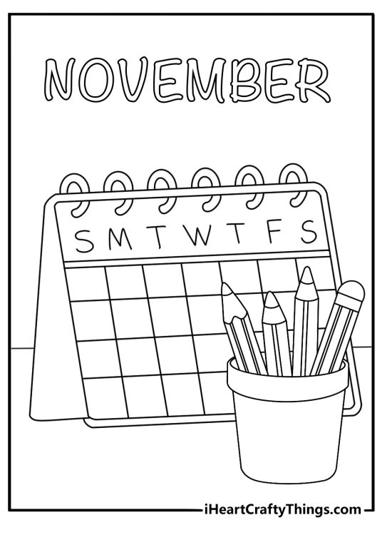 free monthly printable showing a desk calendar beside a pencil holder