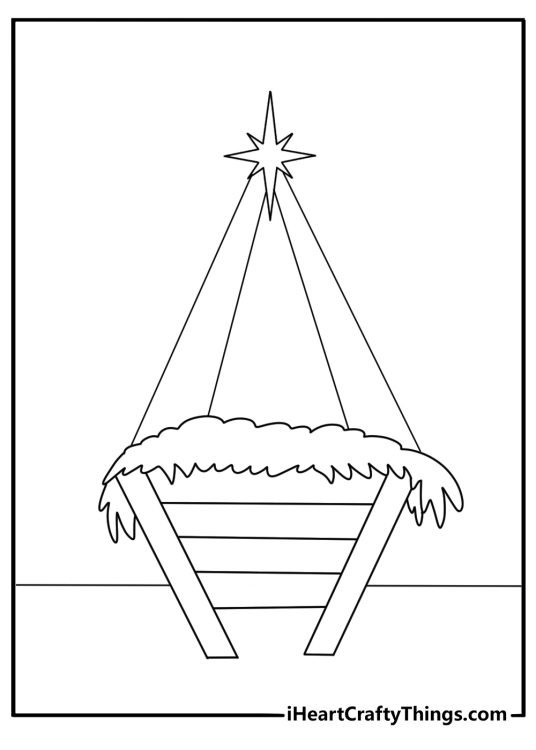 free nativity coloring sheet showing a wooden manger beneath a glowing star