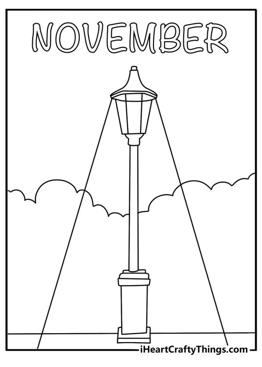 free november printable featuring a streetlamp shining through thick fog