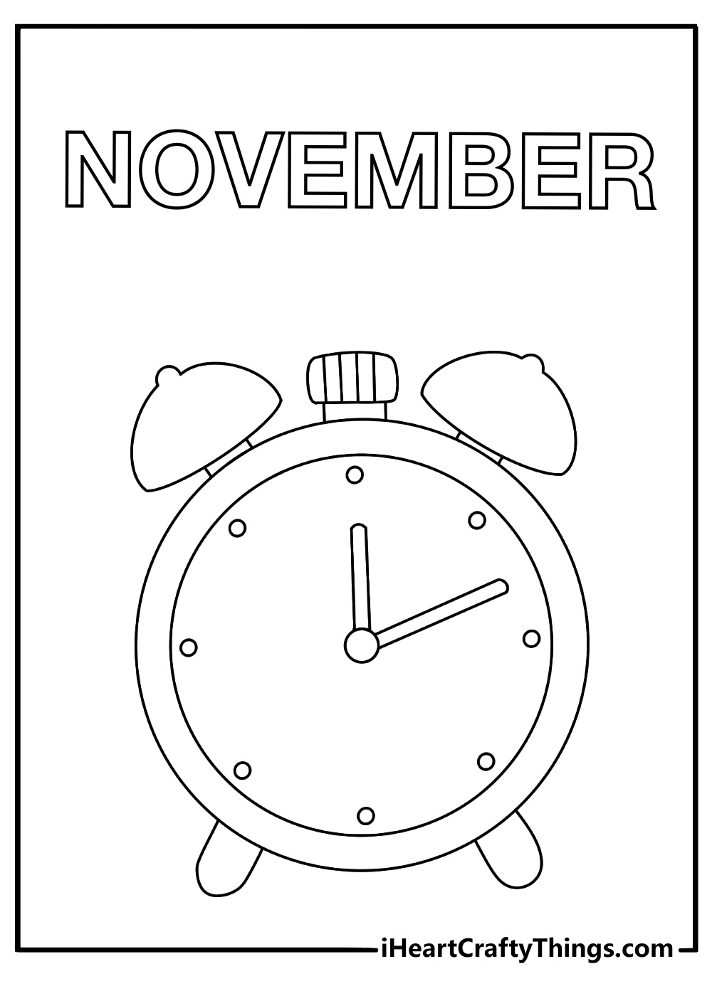 free printable featuring bold november letters with a small alarm clock