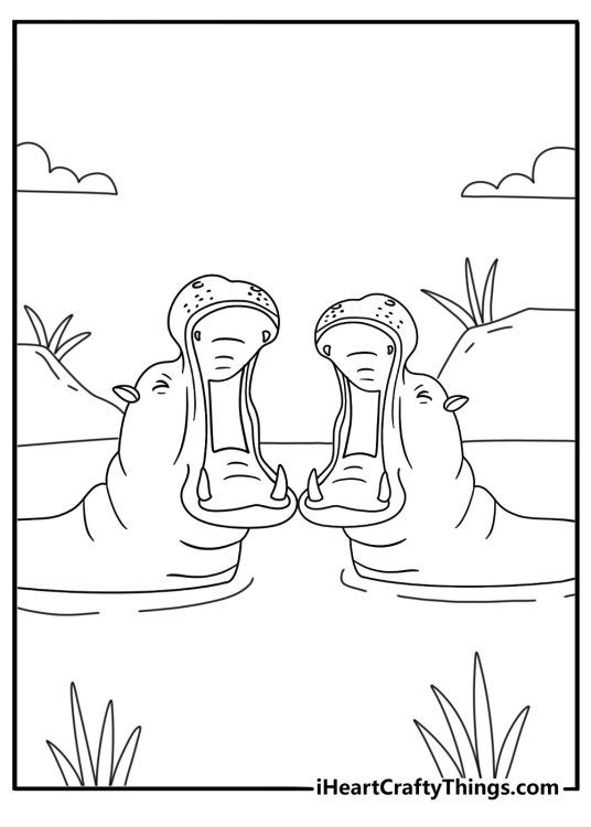 free printable featuring two hippos facing each other with open mouths