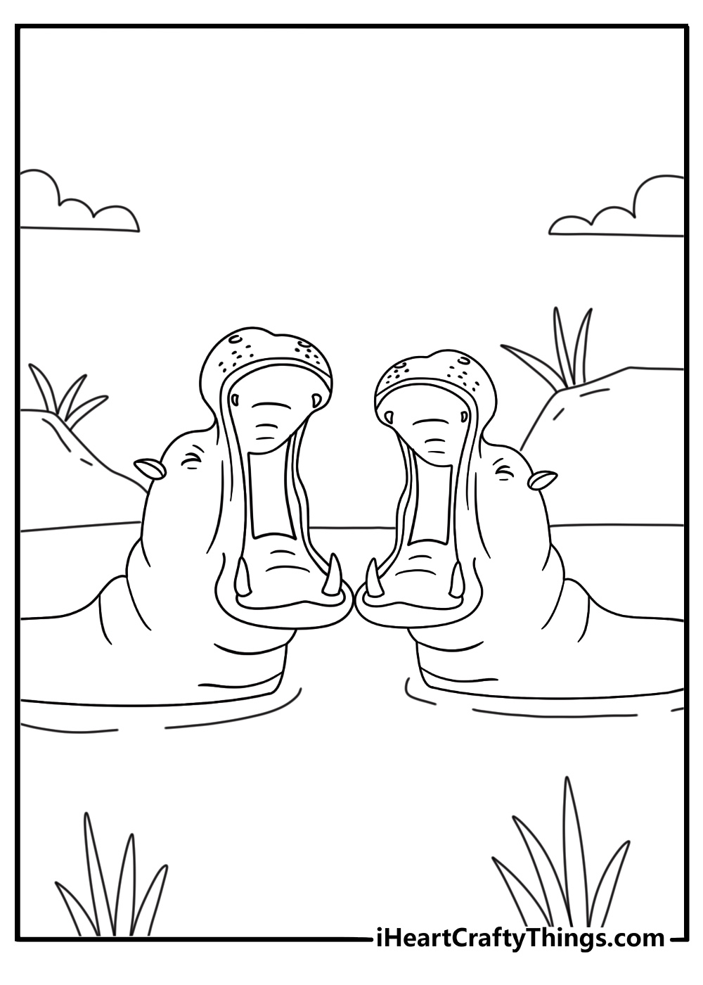 free printable featuring two hippos facing each other with open mouths
