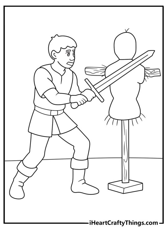 free printable knight training with wooden dummy practice yard