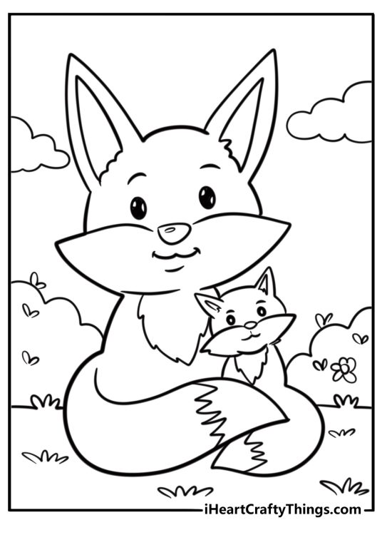 Free printable of a cute huddling mummy and baby fox with pointed ears sat on a path