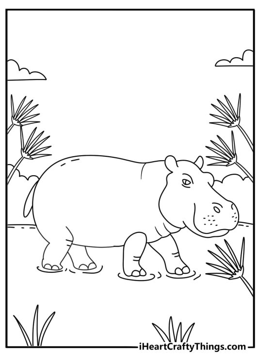 free wildlife printable featuring a hippopotamus walking between papyrus plants
