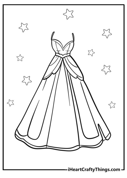 Free printable image to color presenting strappy full-length ball gown with stars all around it