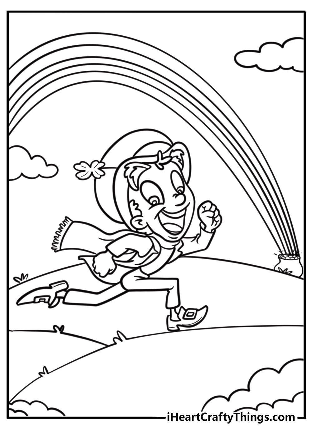 Funny leprechaun chasing a pot of gold fun coloring sheet