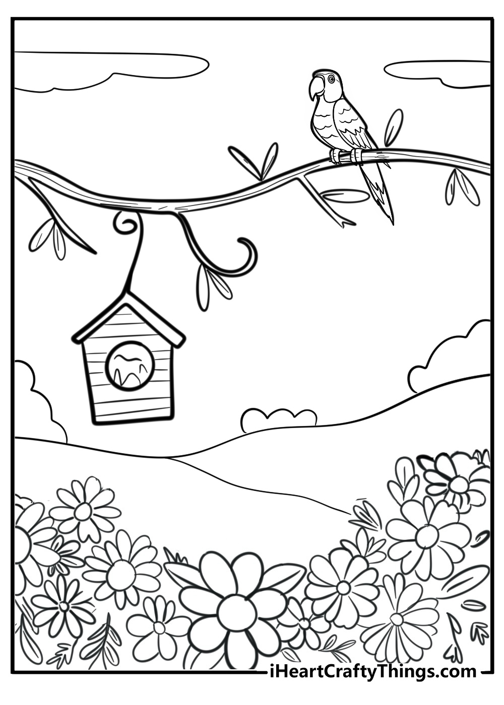 Garden with a birdhouse and flowers coloring page