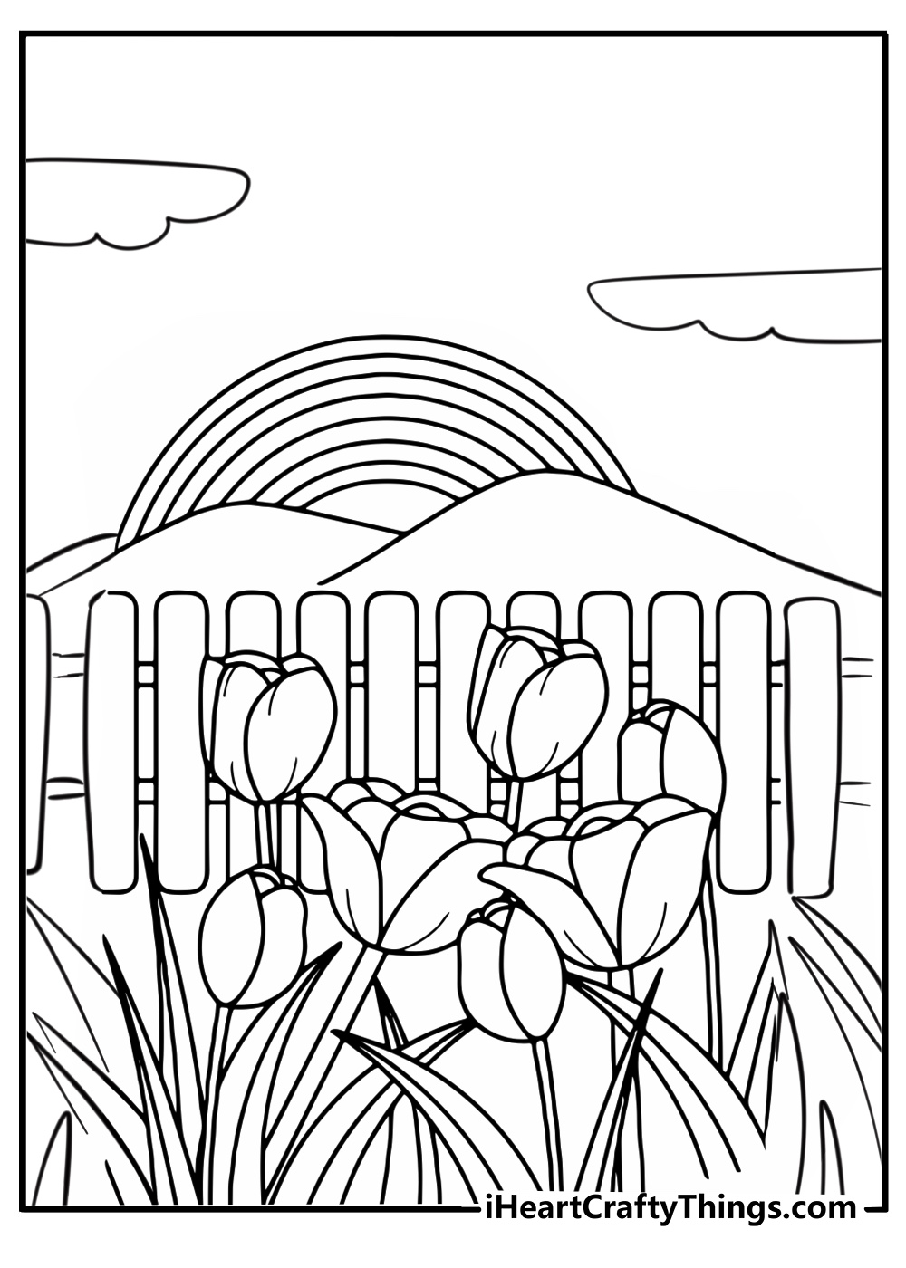 Garden with a picket fence free coloring page pdf