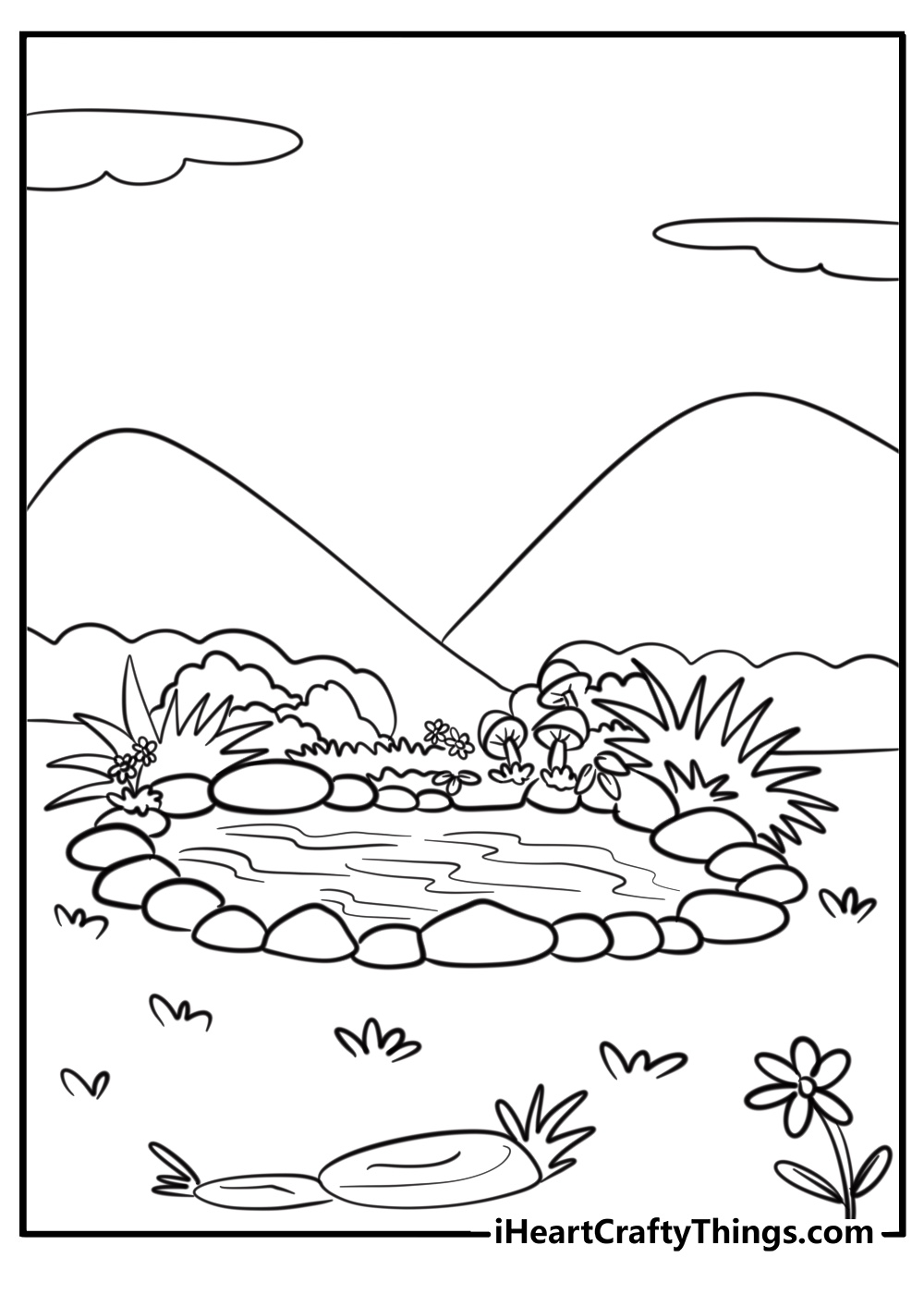 Garden with a small pond and plants fun coloring sheet