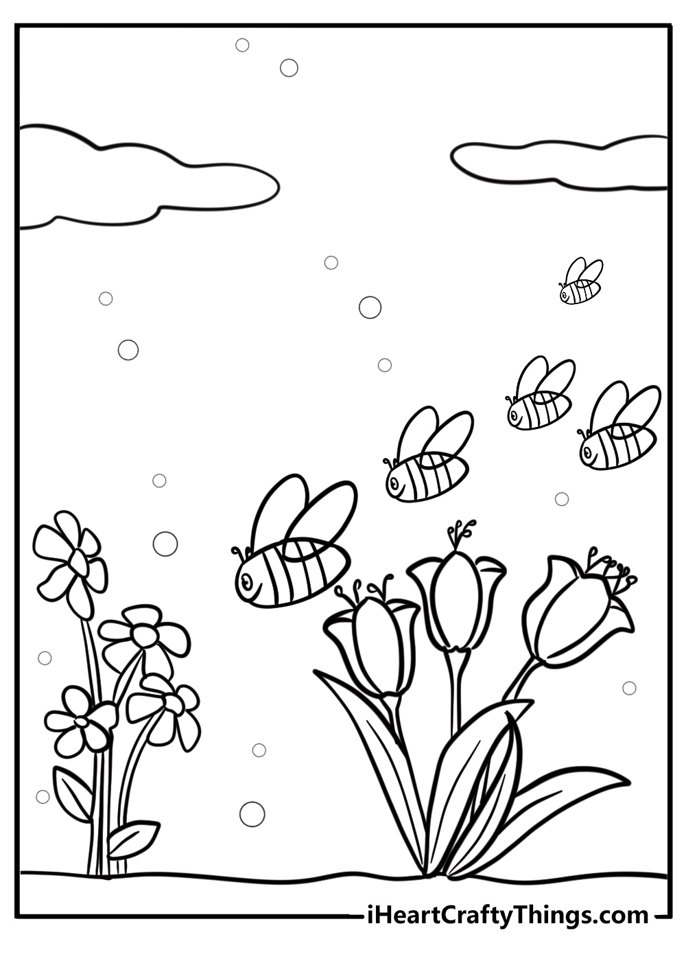 Garden with bees and flowers free printable coloring page