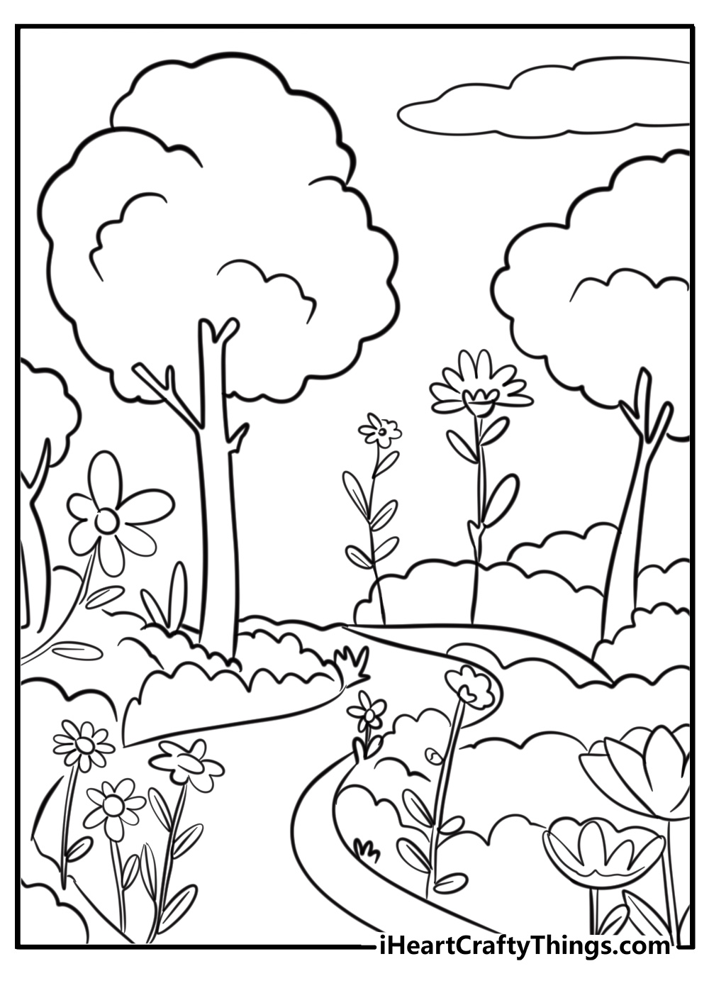 Garden with blooming flowers and trees coloring page