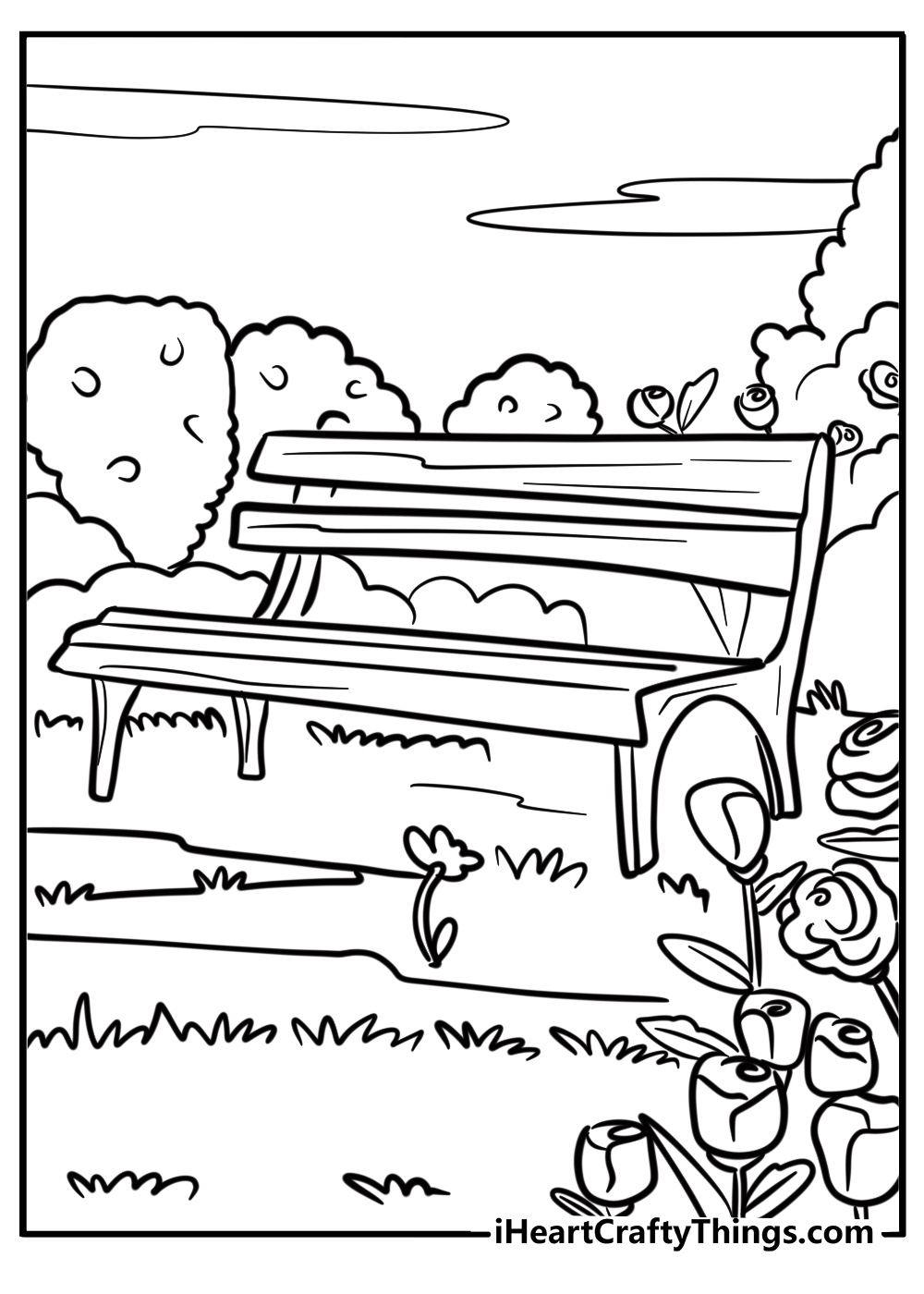 Garden with roses and a wooden bench coloring sheet