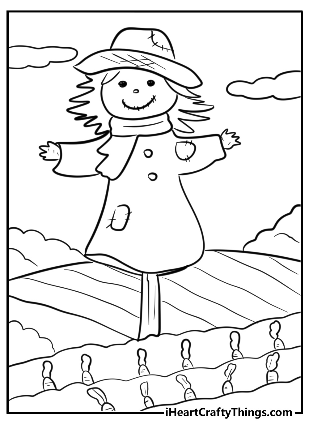 Garden with vegetables and a scarecrow free coloring page pdf