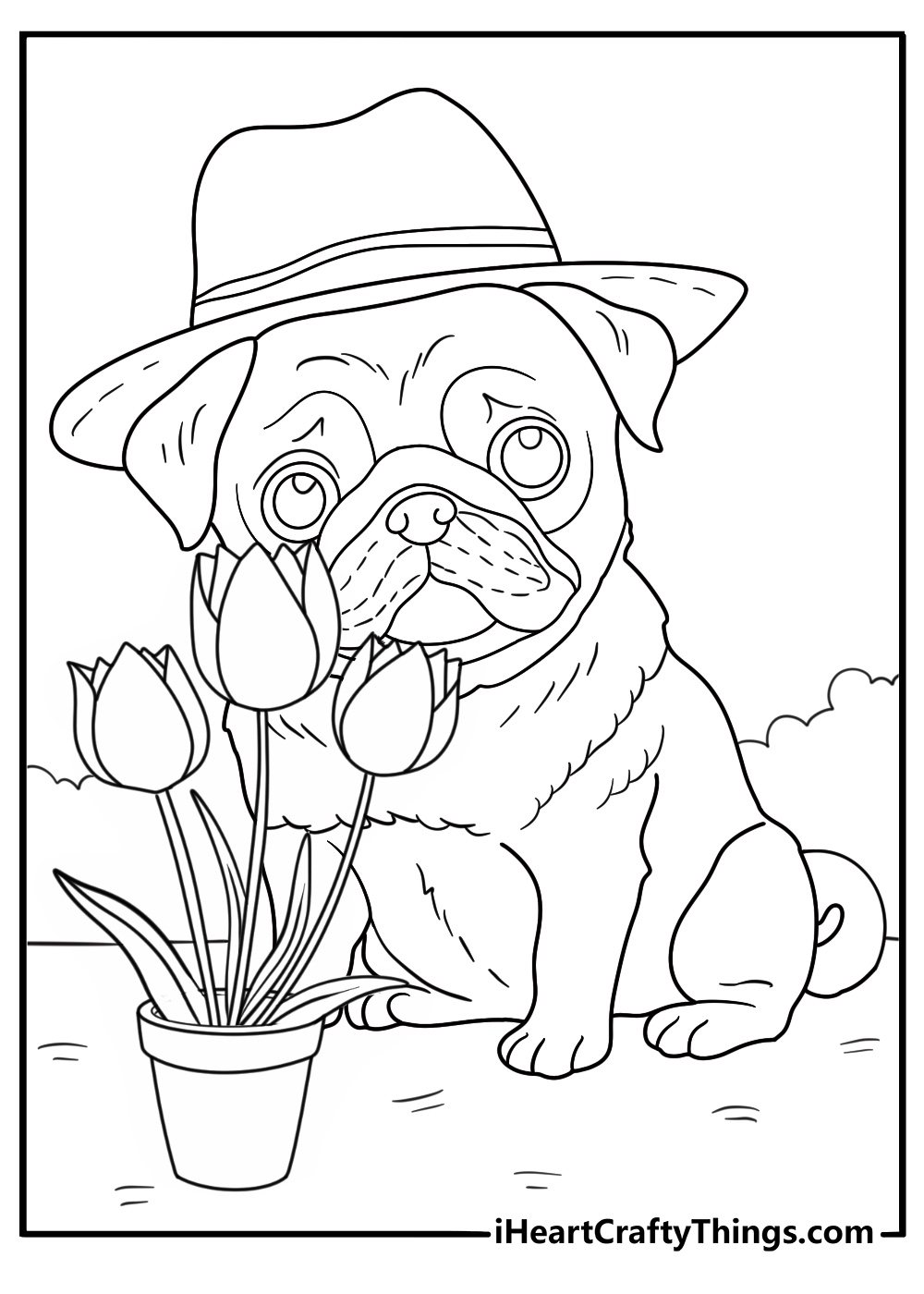 gardener pug coloring page pug next to flower pot and small shovel printable sheet
