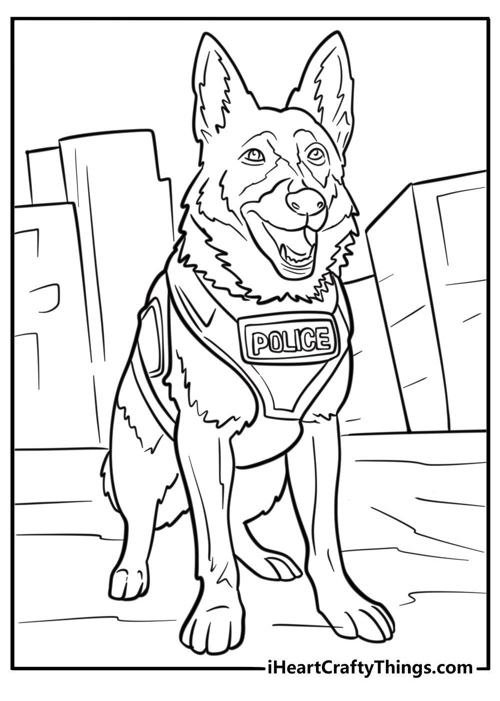 German shepherd in a heroic stance detailed coloring sheet