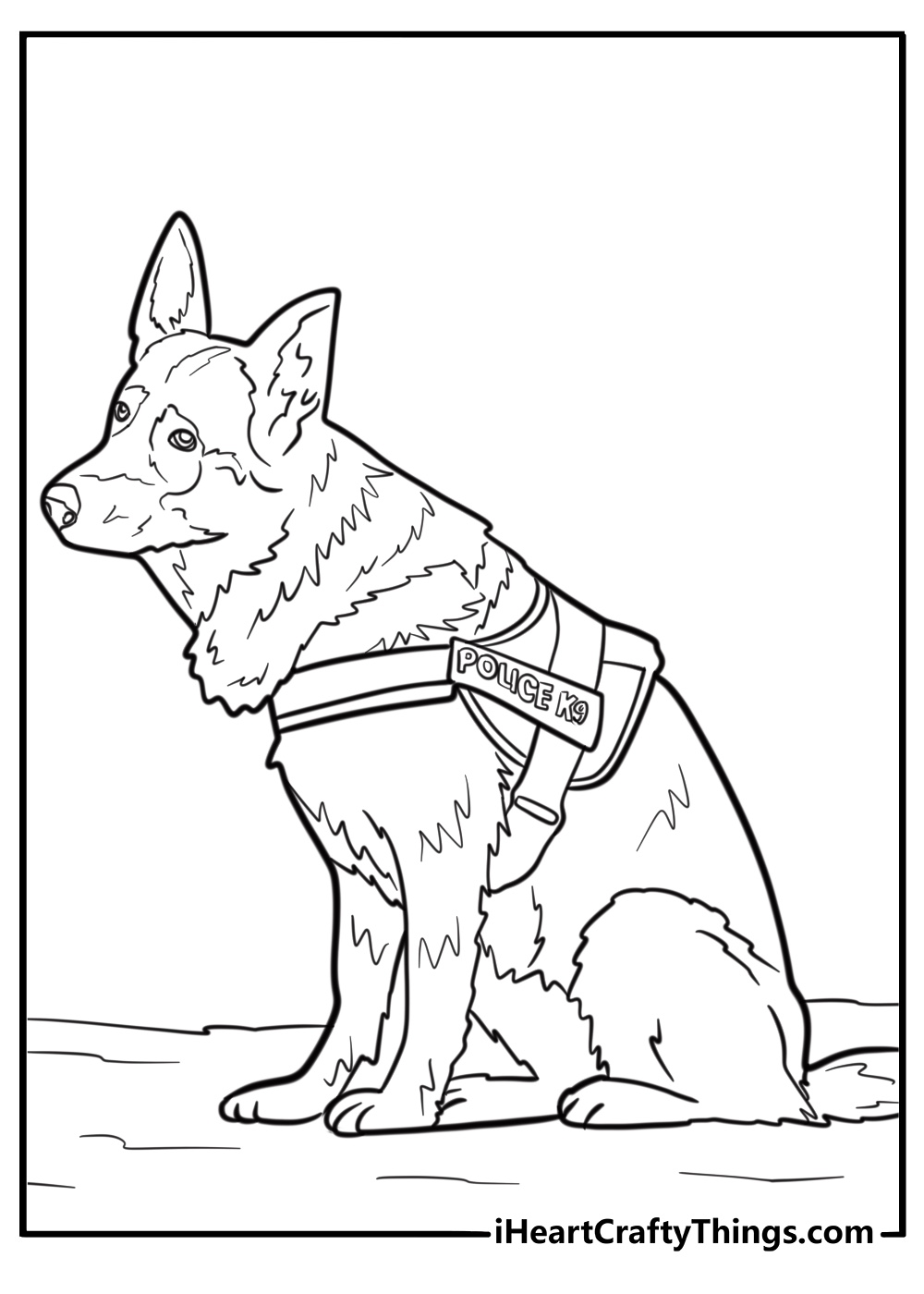 German shepherd in a police k9 uniform detailed coloring sheet