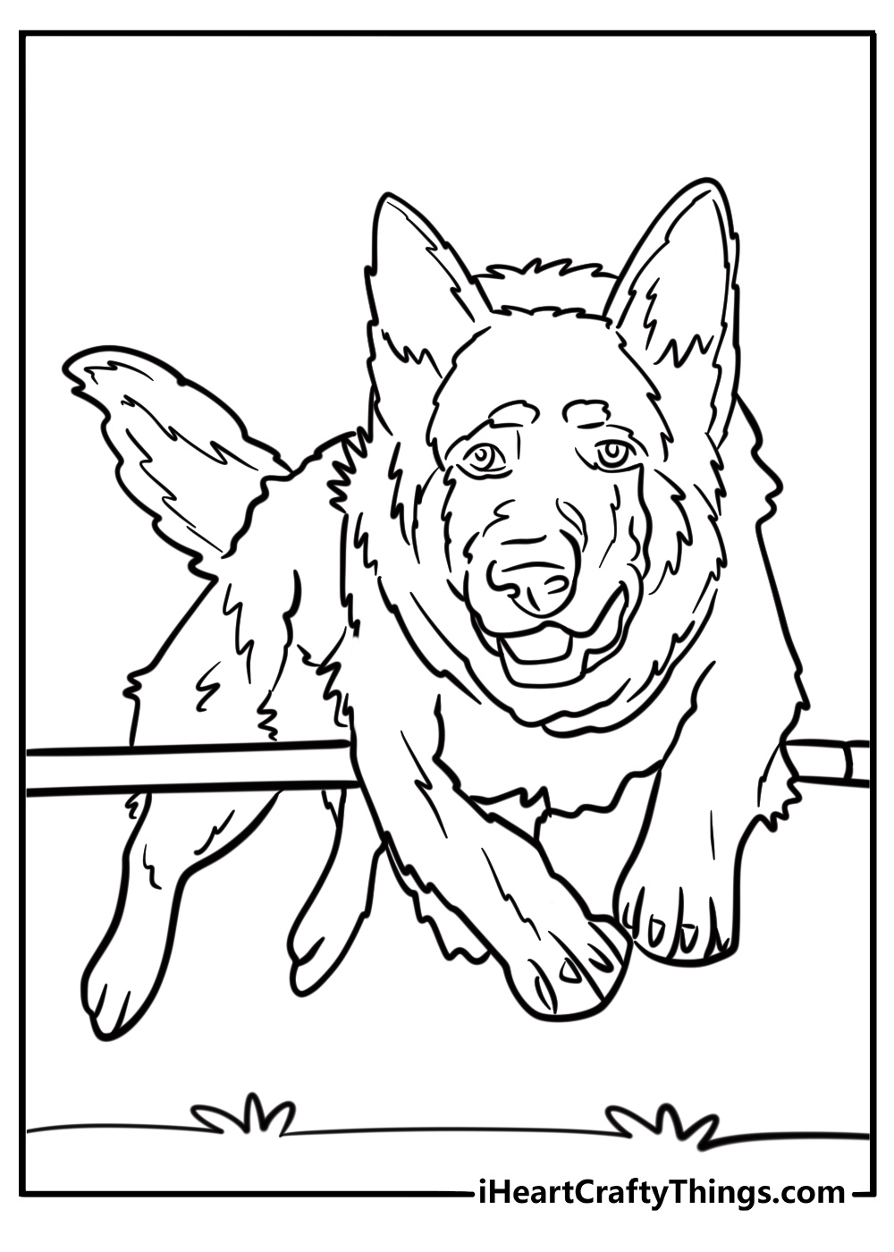 German shepherd jumping over an obstacle coloring page