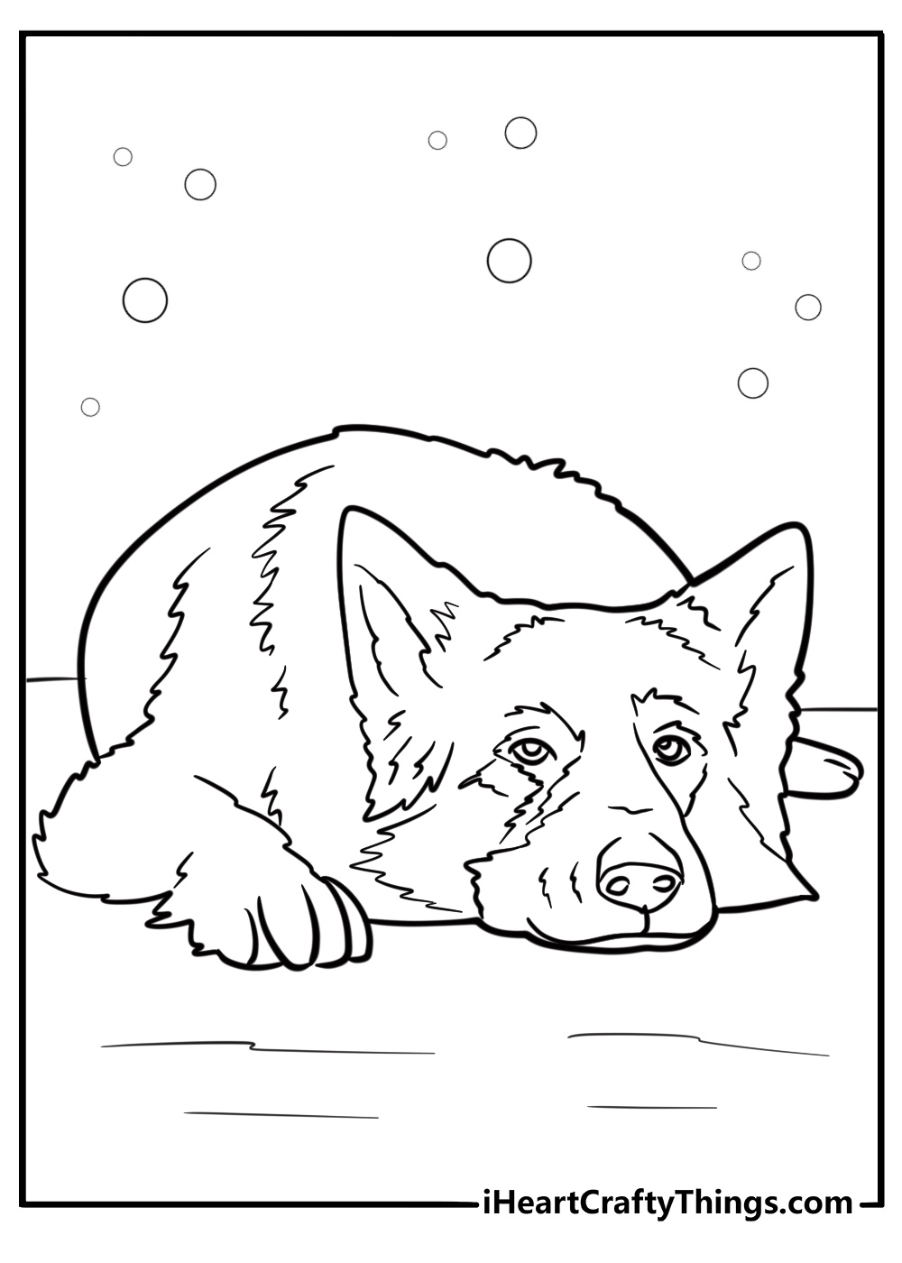 German shepherd lying down with a calm expression coloring page