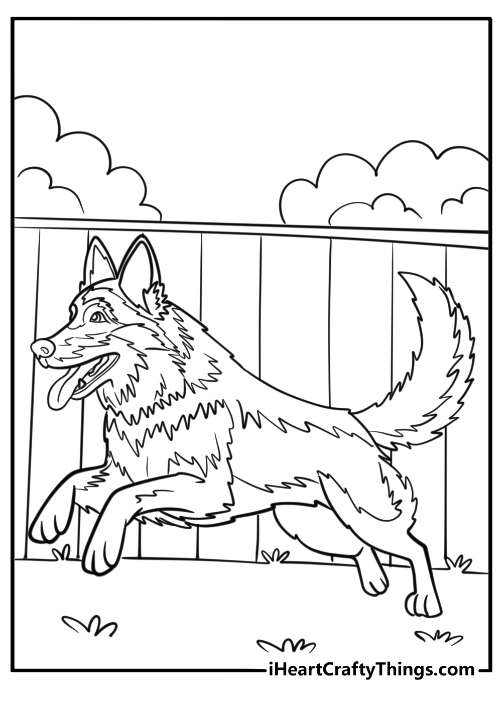 German shepherd running through a park coloring sheet