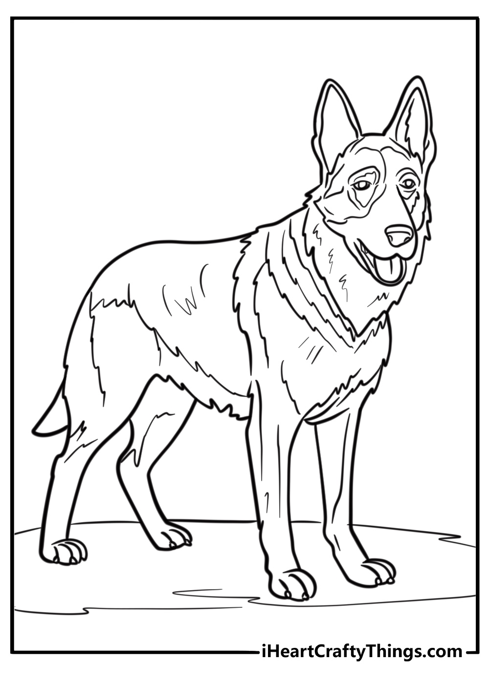 German shepherd standing alert coloring page for kids