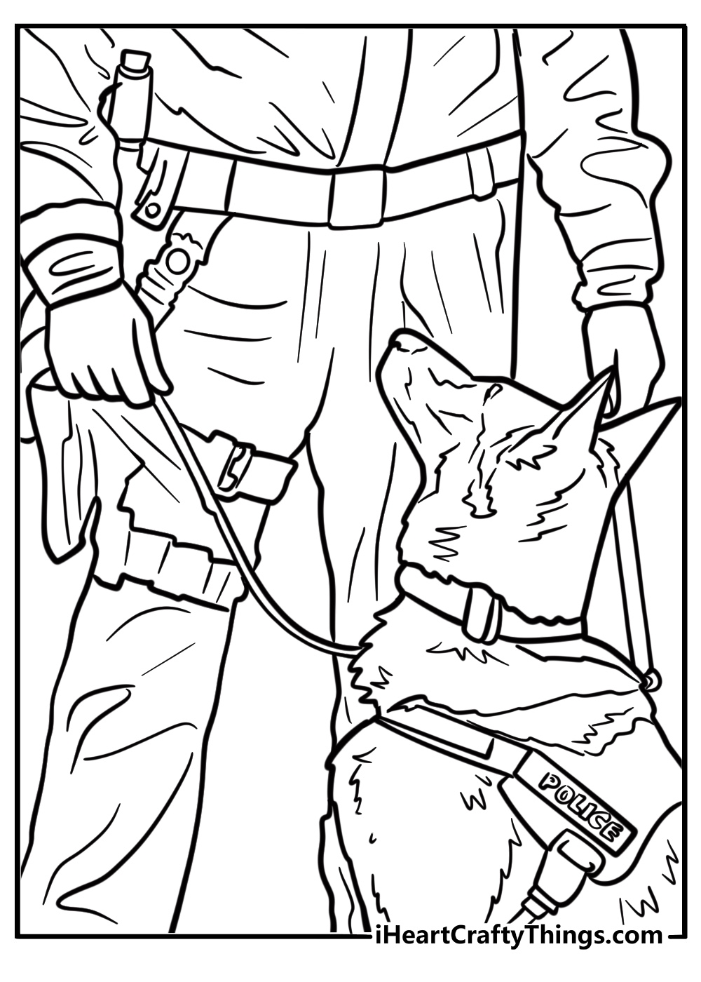 German shepherd standing by its handler coloring page