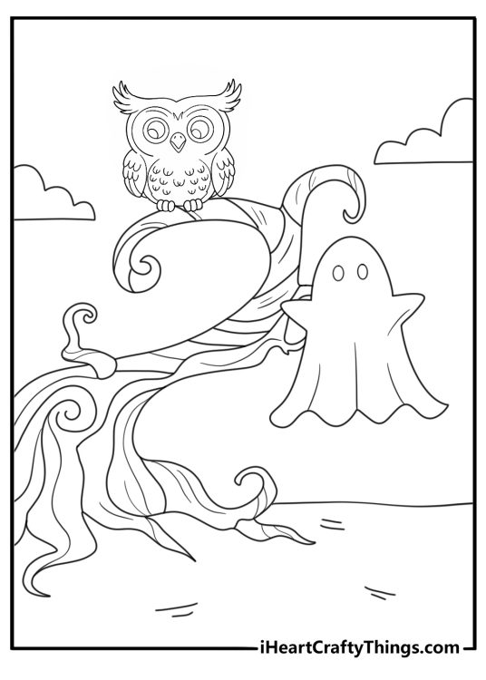 ghost by a twisted tree with an owl easy coloring page