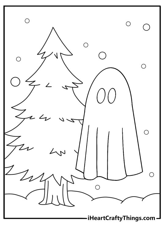 ghost in falling snow next to pine trees printable sheet