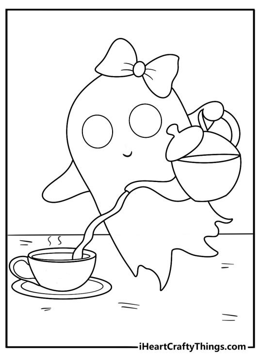 ghost pouring tea into a cup at a small table