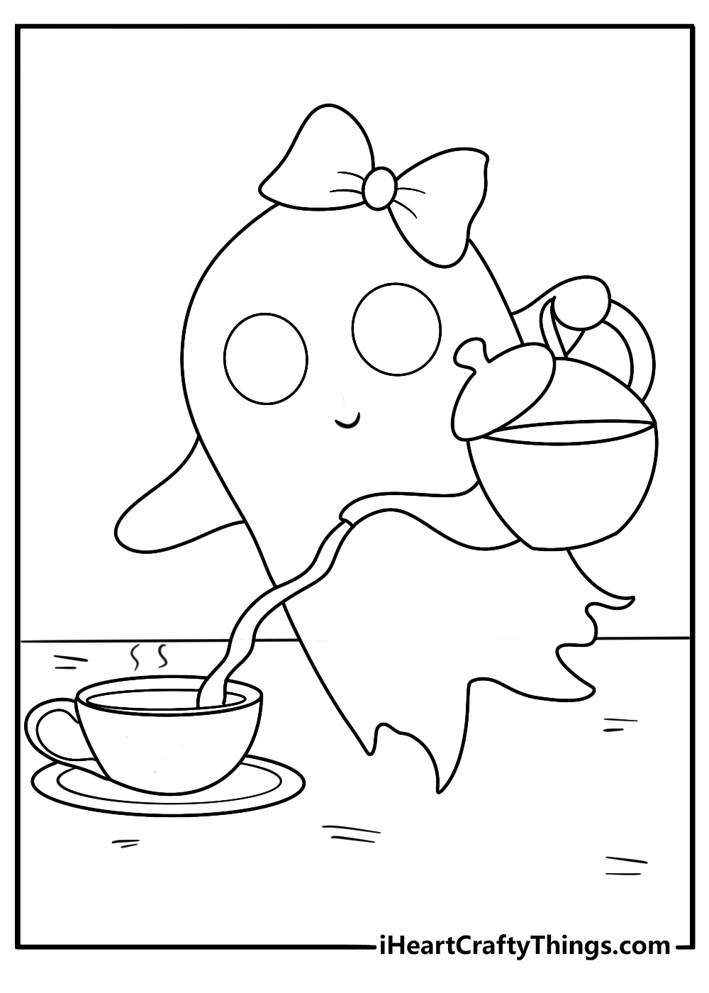 ghost pouring tea into a cup at a small table