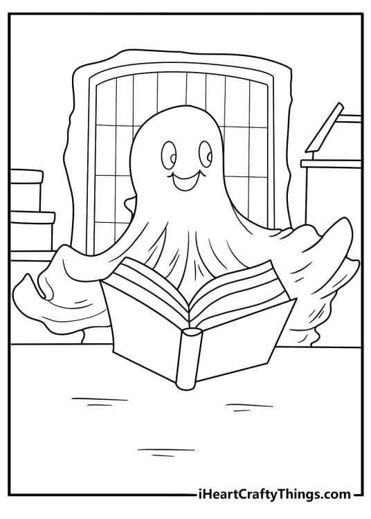 ghost reading a big open book at a desk coloring page