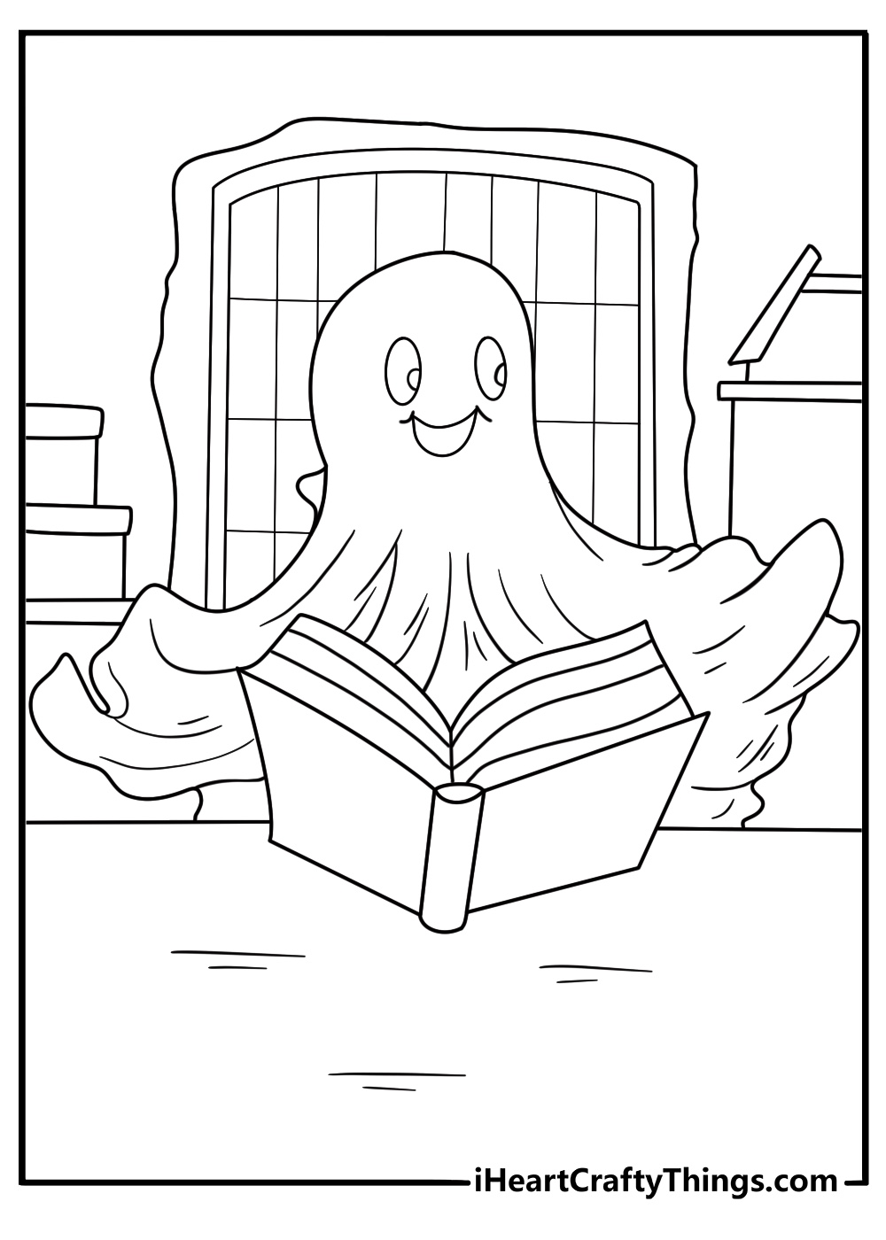 ghost reading a big open book at a desk coloring page